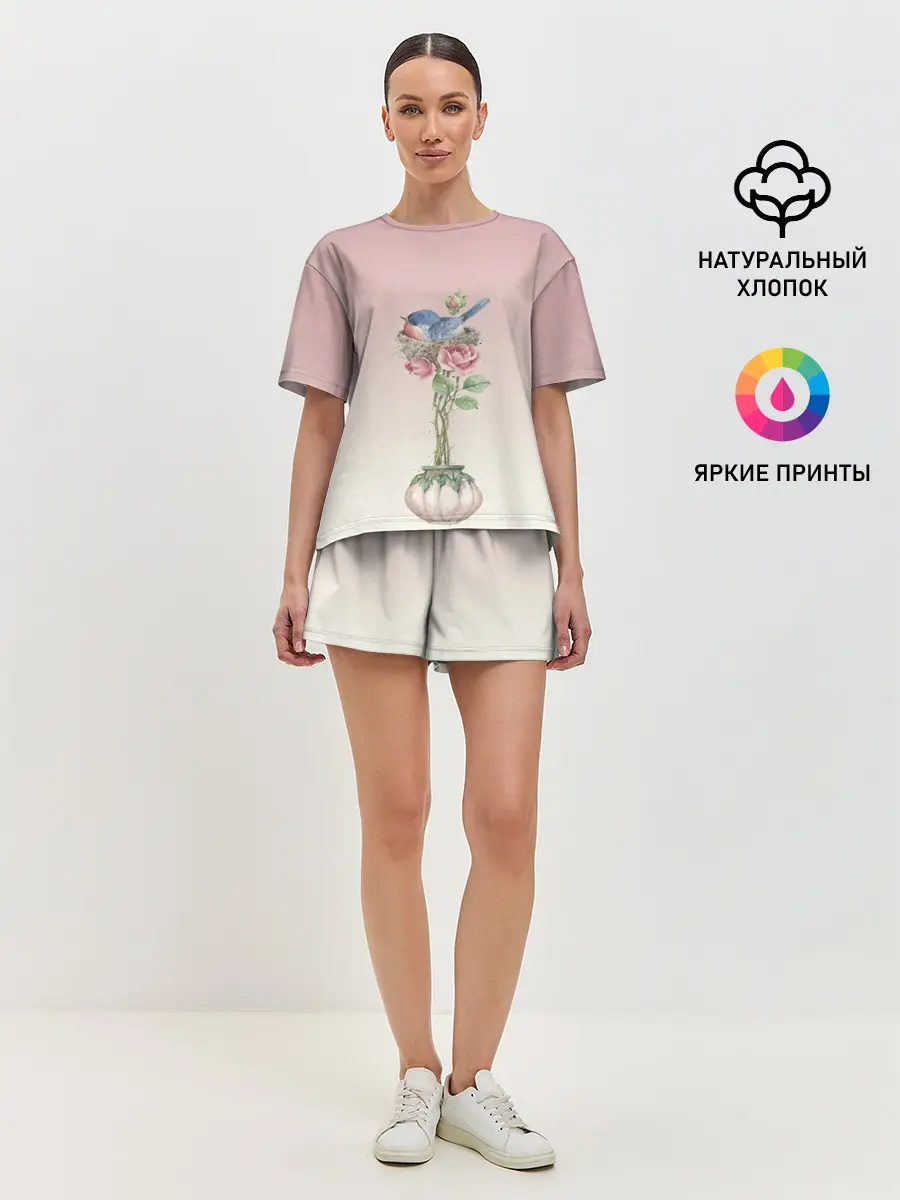 Женская пижама с шортами / Птичка в гнезде роза