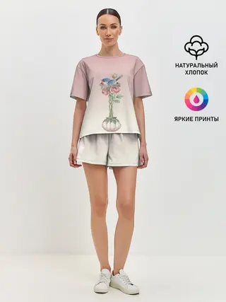 Женская пижама с шортами / Птичка в гнезде роза