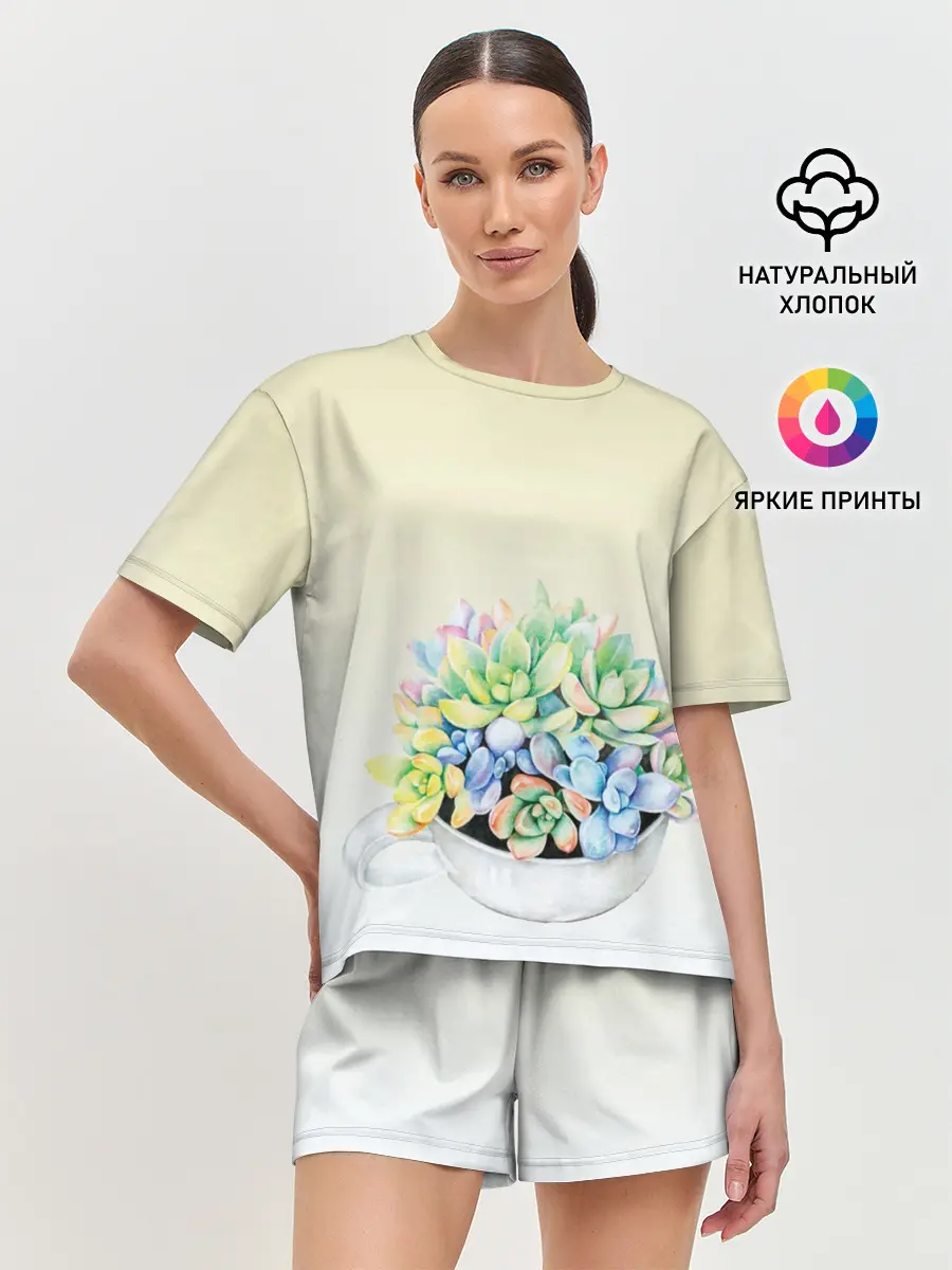 Женская пижама с шортами / Чашка с суккулентами