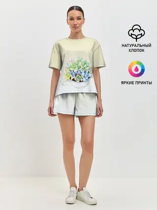 Женская пижама с шортами / Чашка с суккулентами