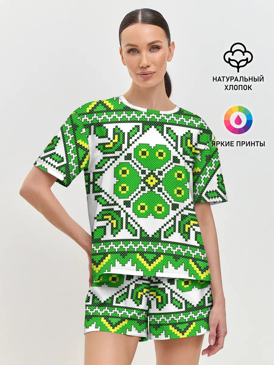 Женская пижама с шортами / Славянский Узор Зеленый