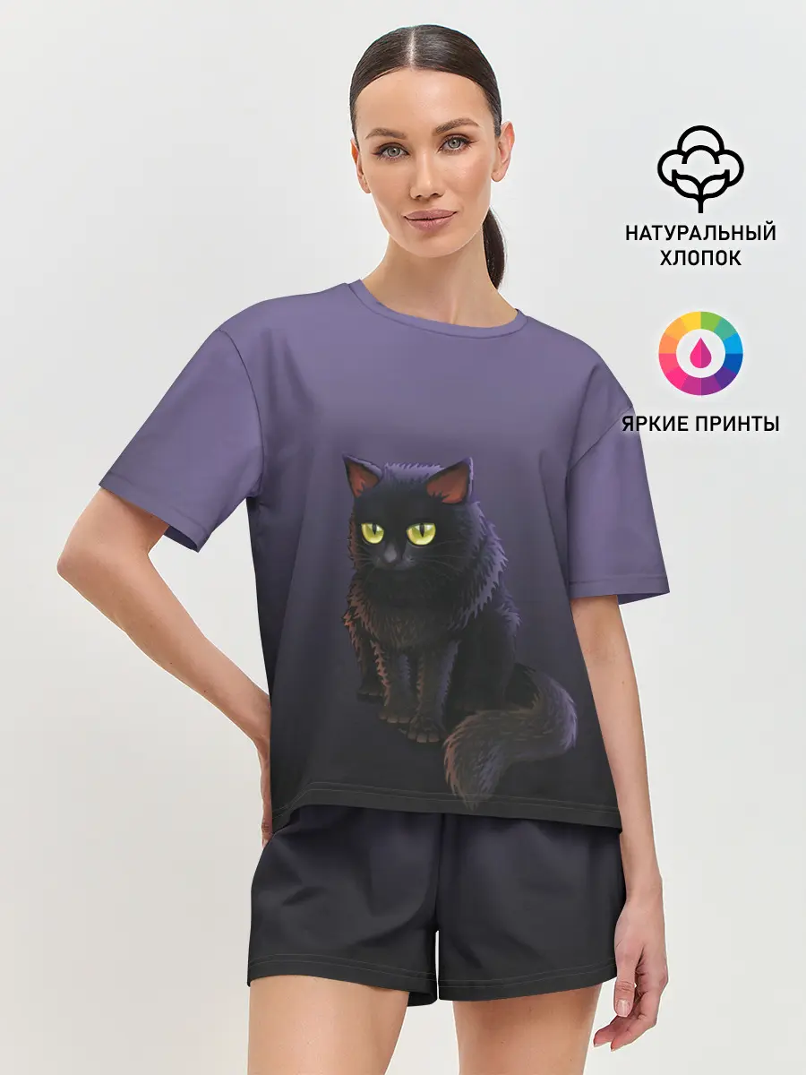 Женская пижама с шортами / черный кот на фиолетовом