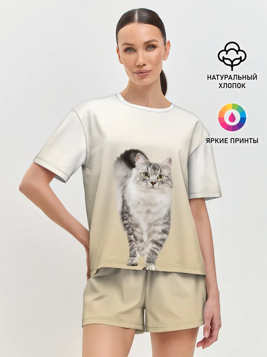 Женская пижама с шортами / Пушистый котик реалистичный