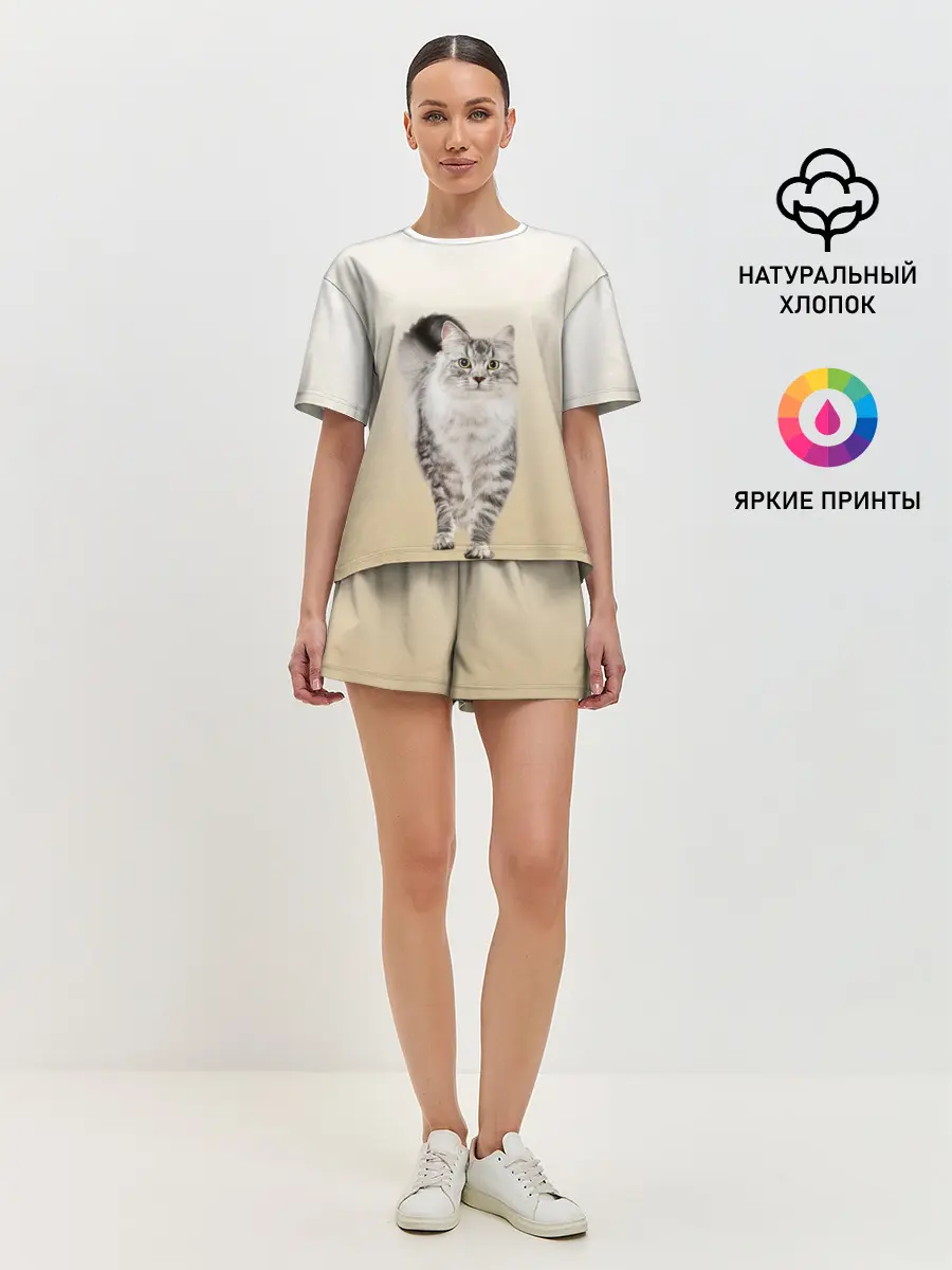 Женская пижама с шортами / Пушистый котик реалистичный