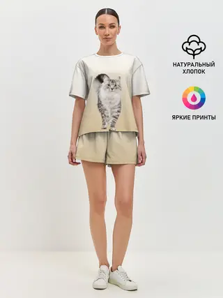 Женская пижама с шортами / Пушистый котик реалистичный