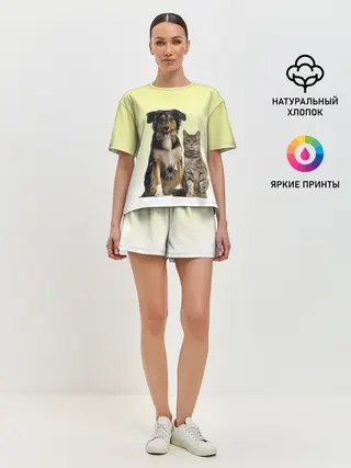 Женская пижама с шортами / кошка и собака друзья