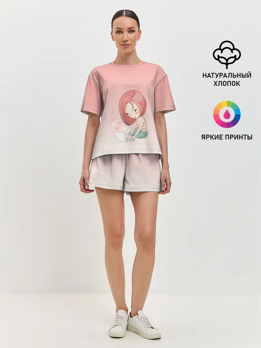 Женская пижама с шортами / влюбленная девушка ноутбук