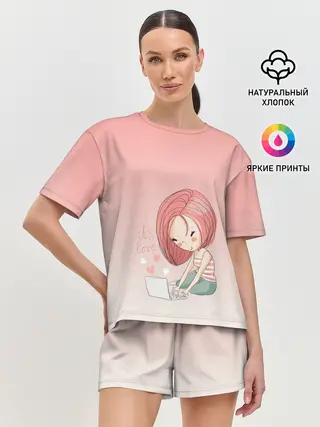 Женская пижама с шортами / влюбленная девушка ноутбук