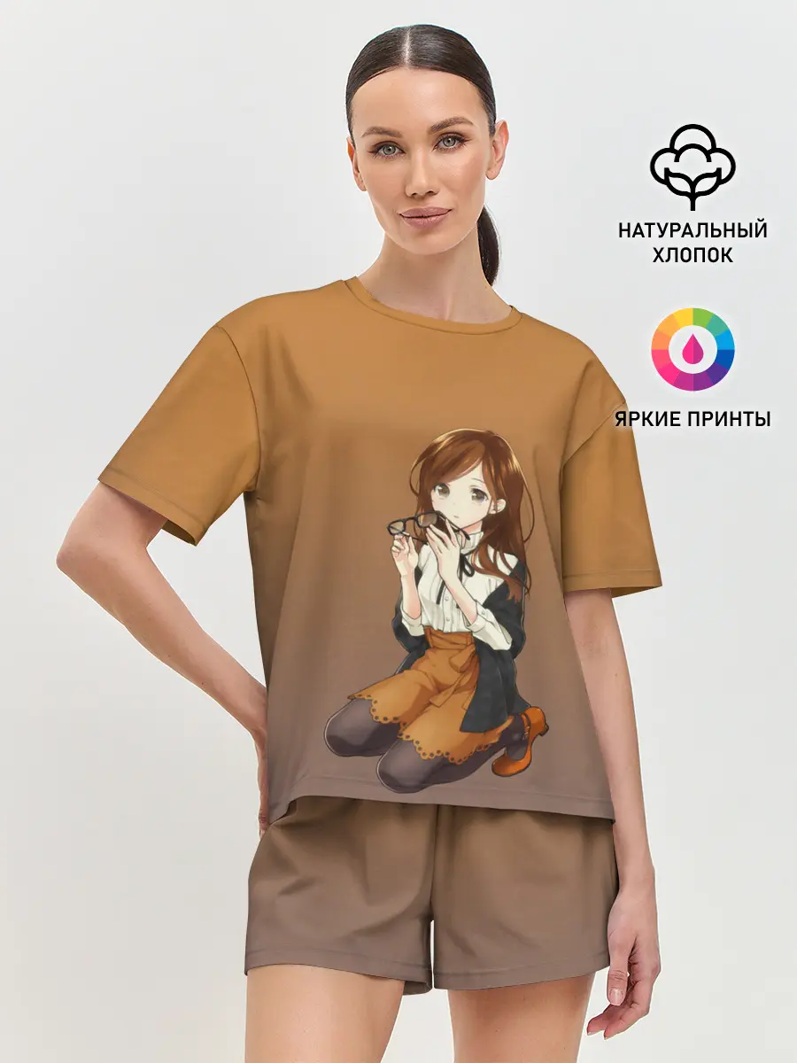 Женская пижама с шортами / анимешная девочка очки офис