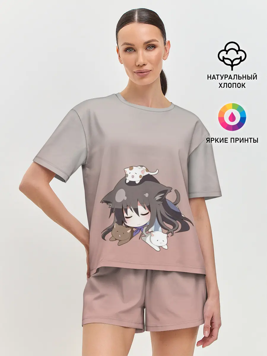 Женская пижама с шортами / малышка спит ушки котики