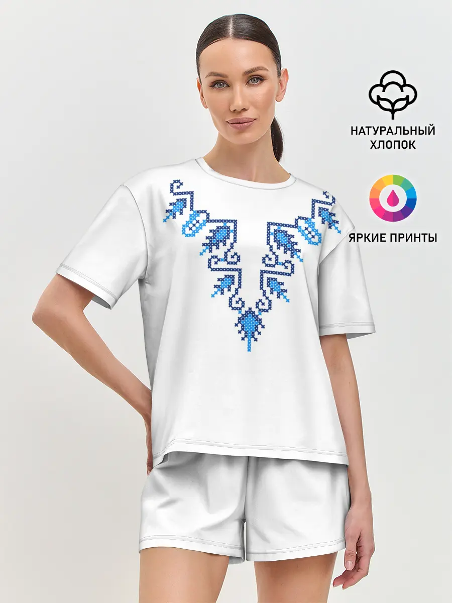 Женская пижама с шортами / Славянский узор сине-голубой