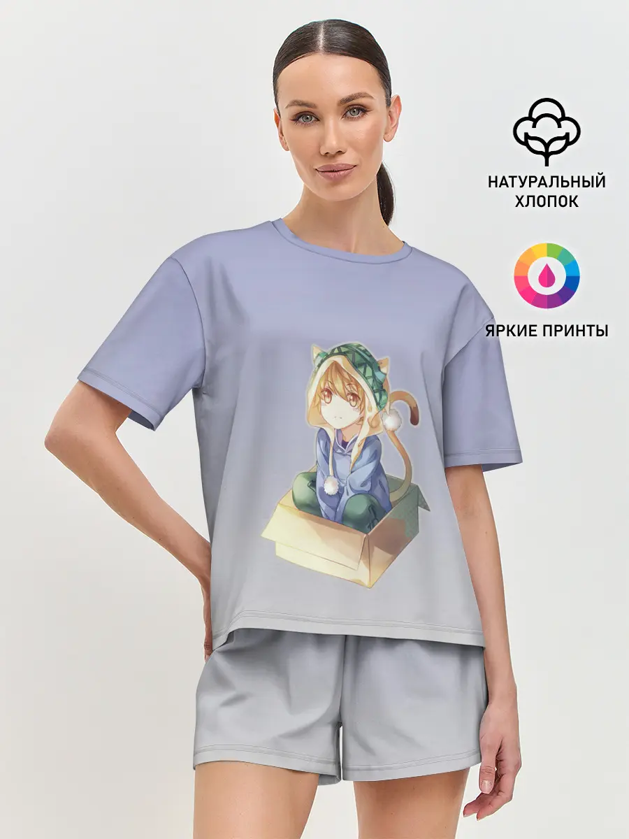 Женская пижама с шортами / мальчик кот в коробке уши мяу