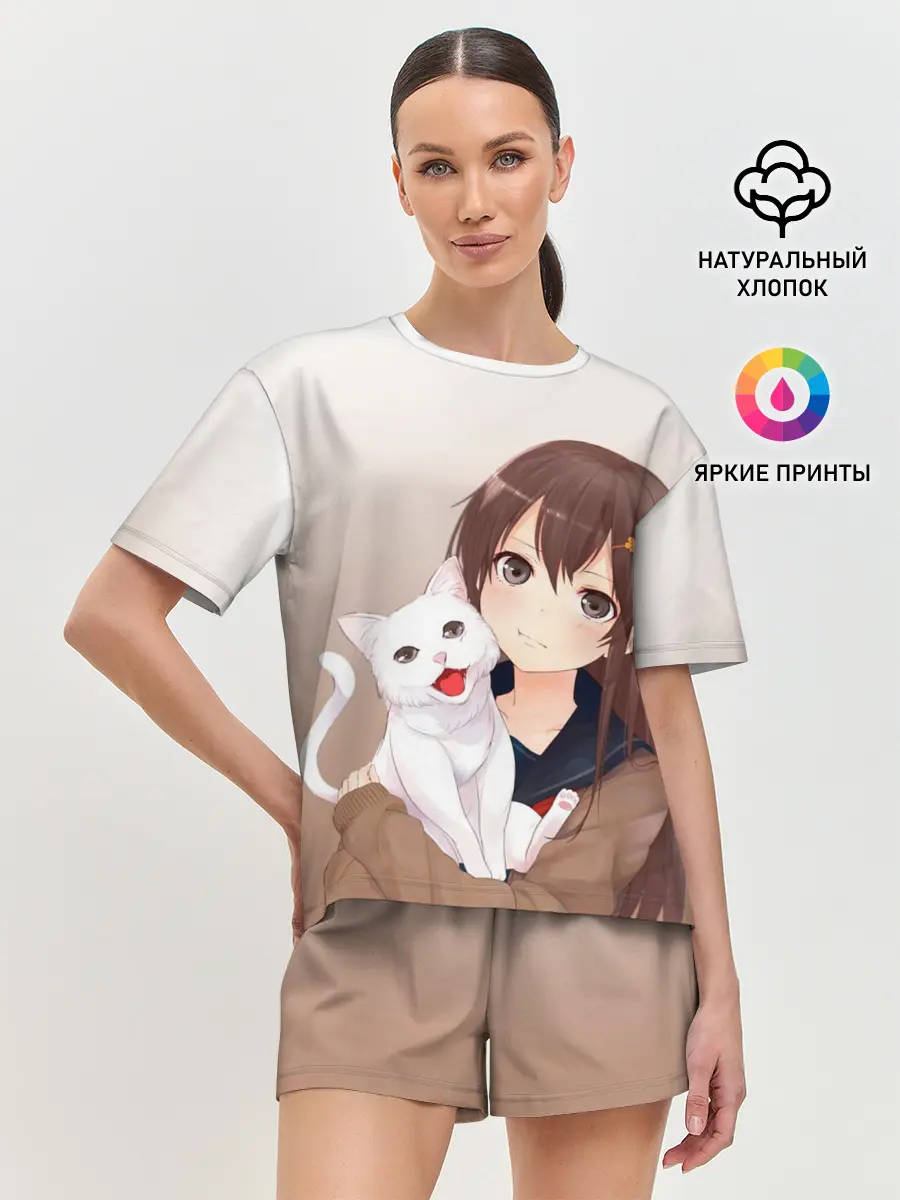 Женская пижама с шортами / Девочка и белый кот аниме