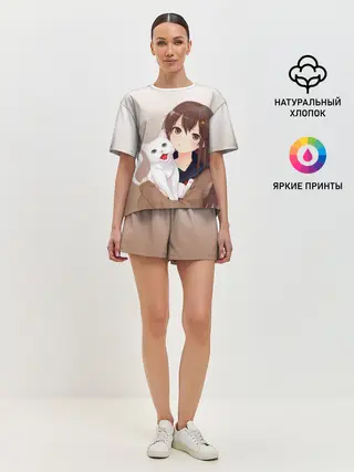 Женская пижама с шортами / Девочка и белый кот аниме