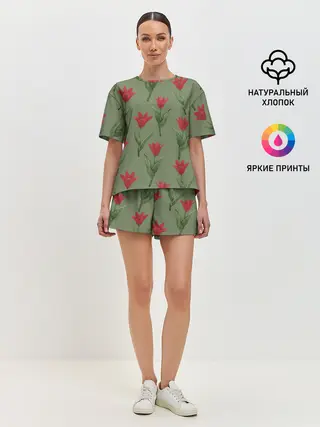 Женская пижама с шортами / Красные тюльпаны на зеленом