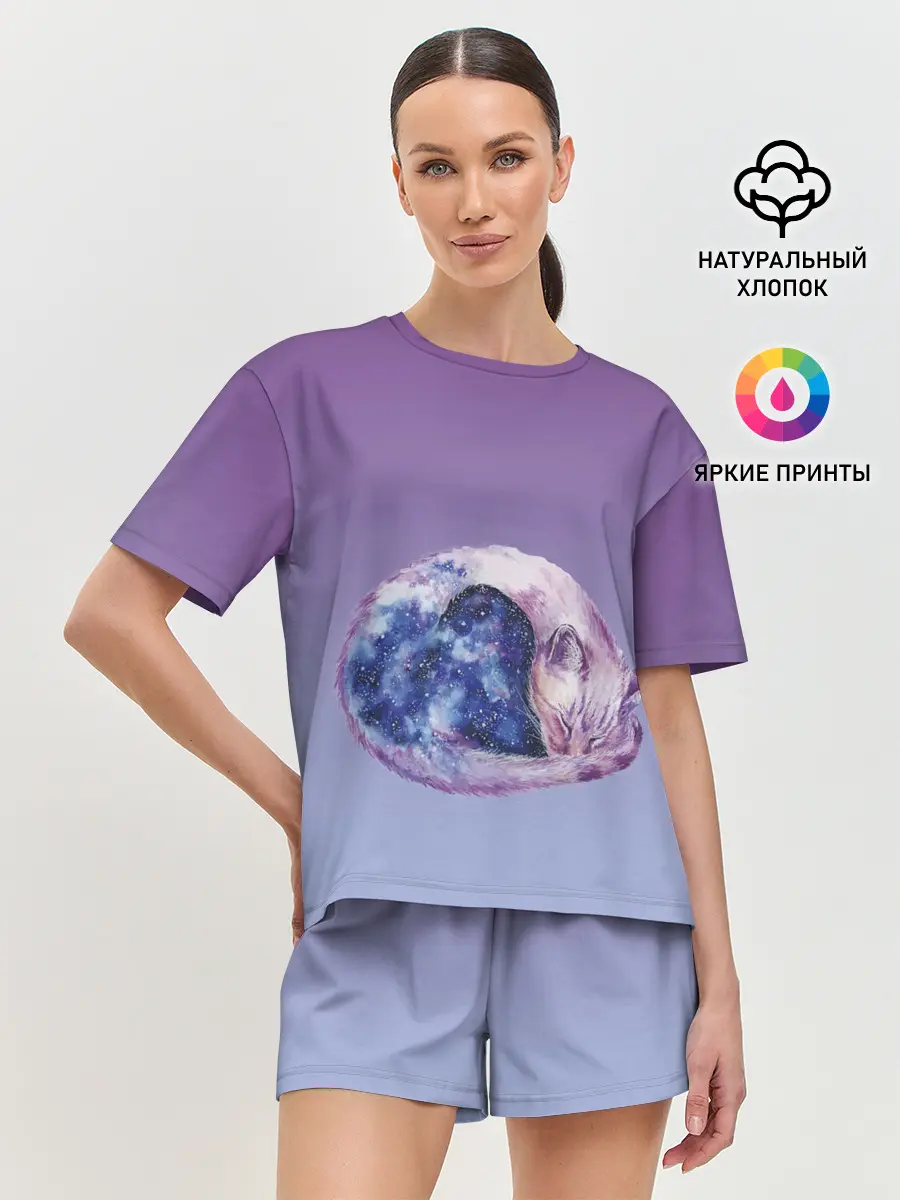 Женская пижама с шортами / кот звездное небо спит