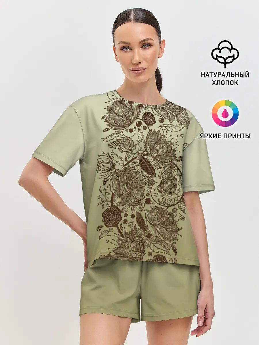 Женская пижама с шортами / чехол дудлинг цветы