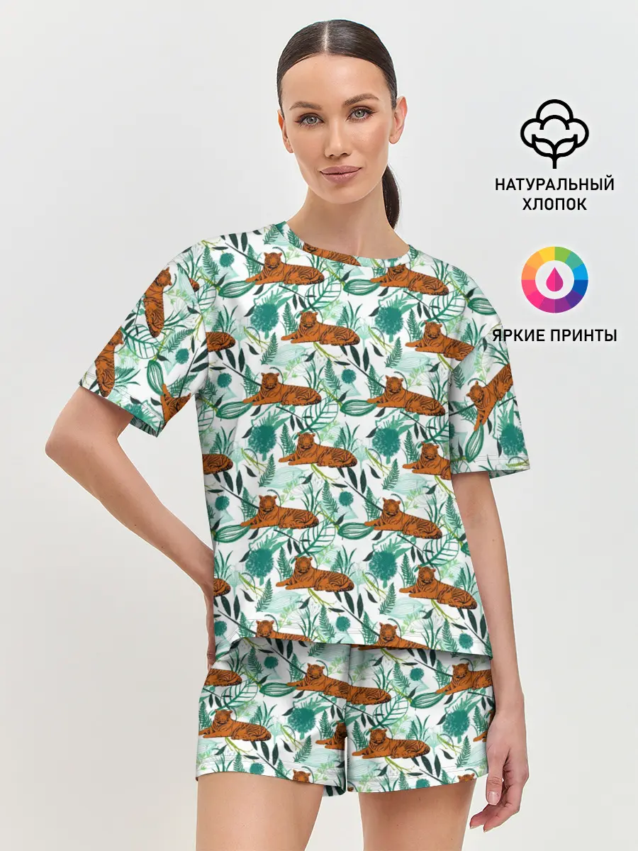 Женская пижама с шортами / Цветы и Тигр Паттерн