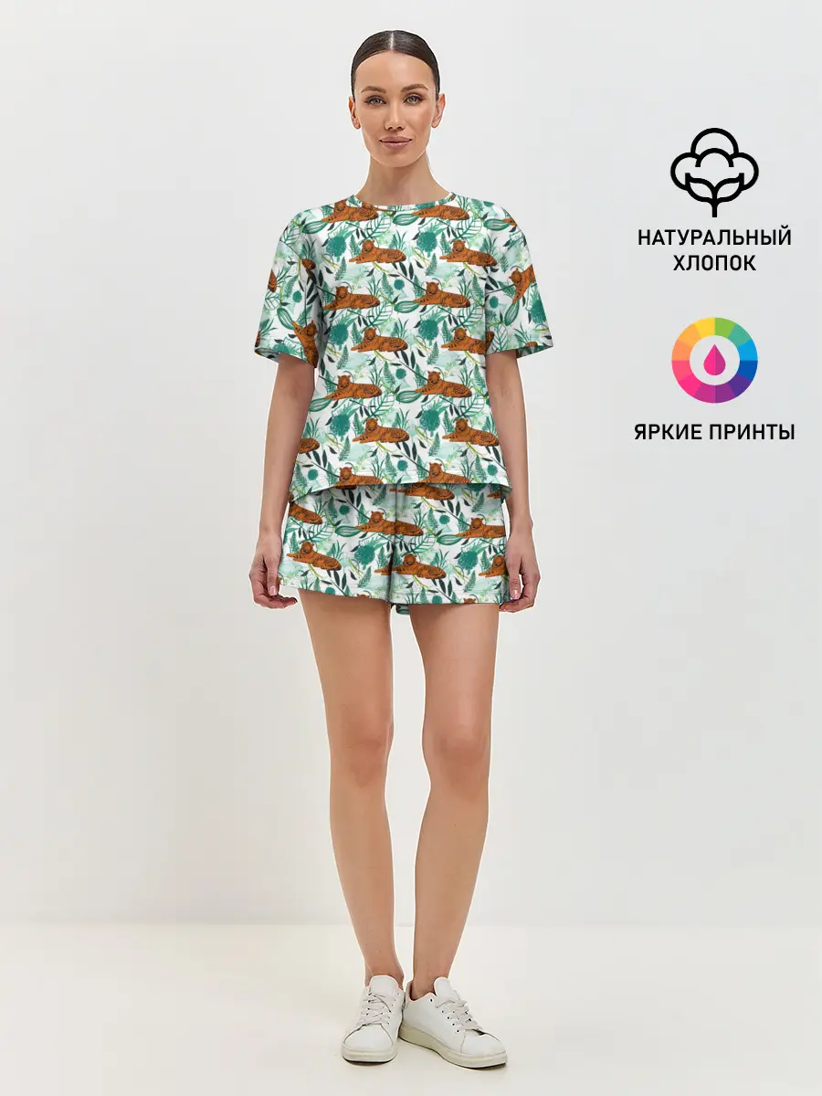 Женская пижама с шортами / Цветы и Тигр Паттерн