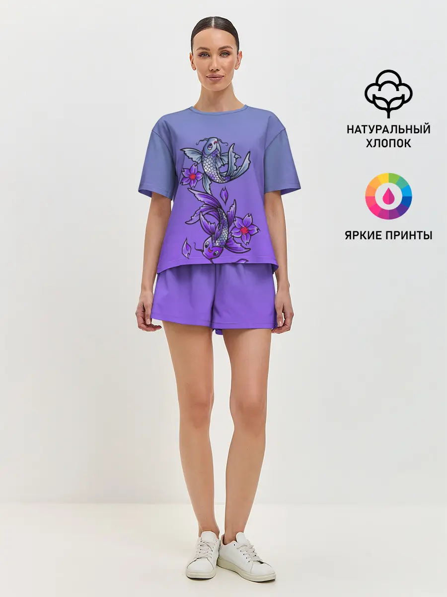 Женская пижама с шортами / Рыбы и цветы