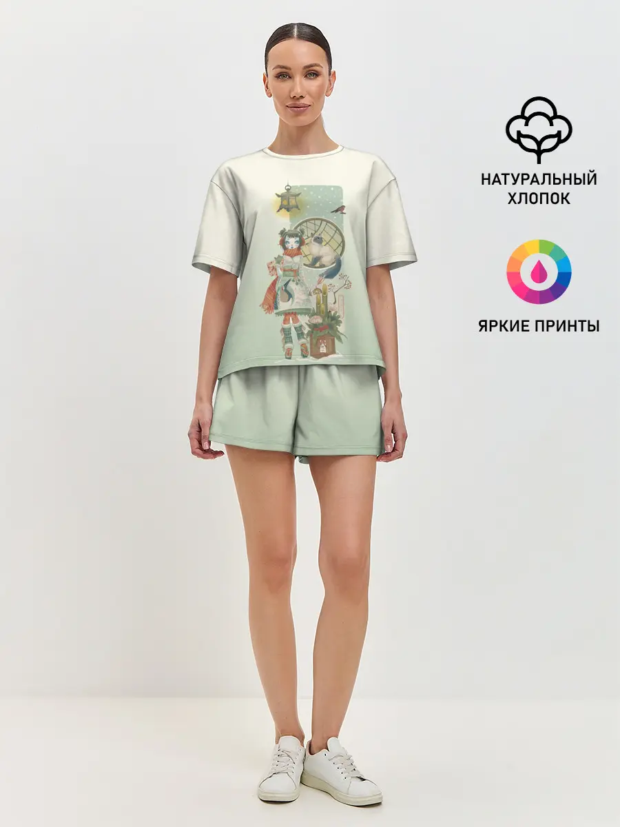 Женская пижама с шортами / девушка кимоно зима Япония кот