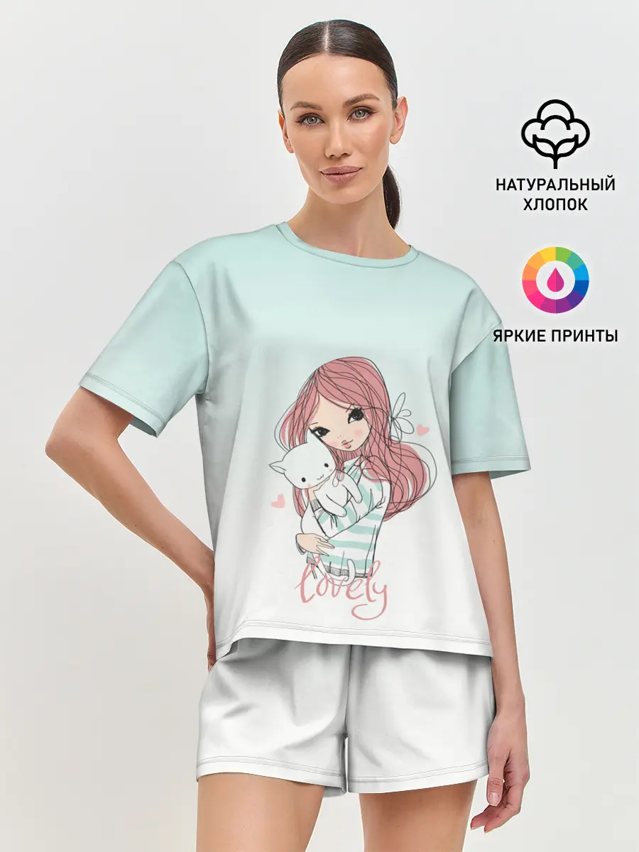 Женская пижама с шортами / Девочка и любимый кот арт