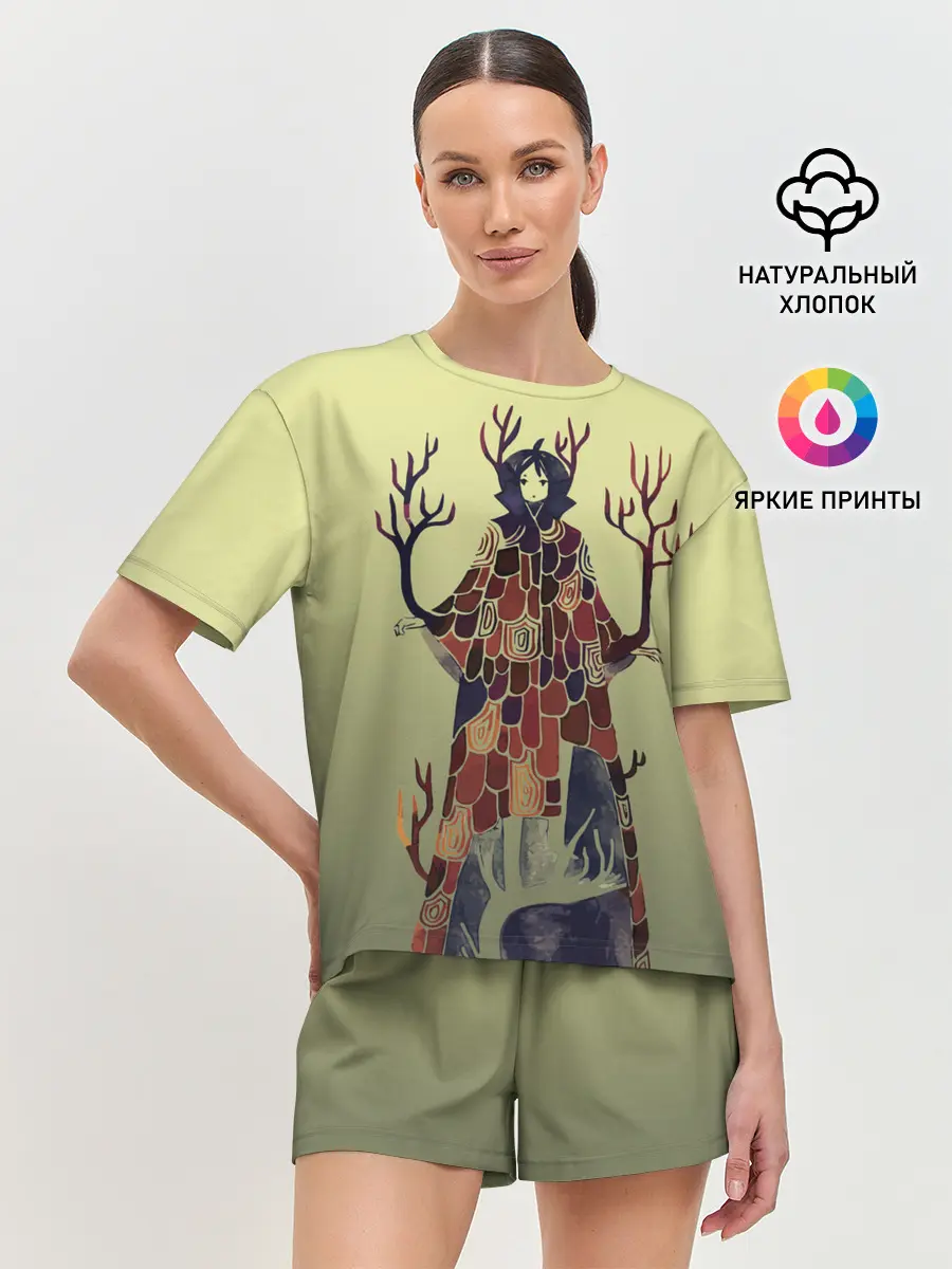 Женская пижама с шортами / лесной волшебник акварель