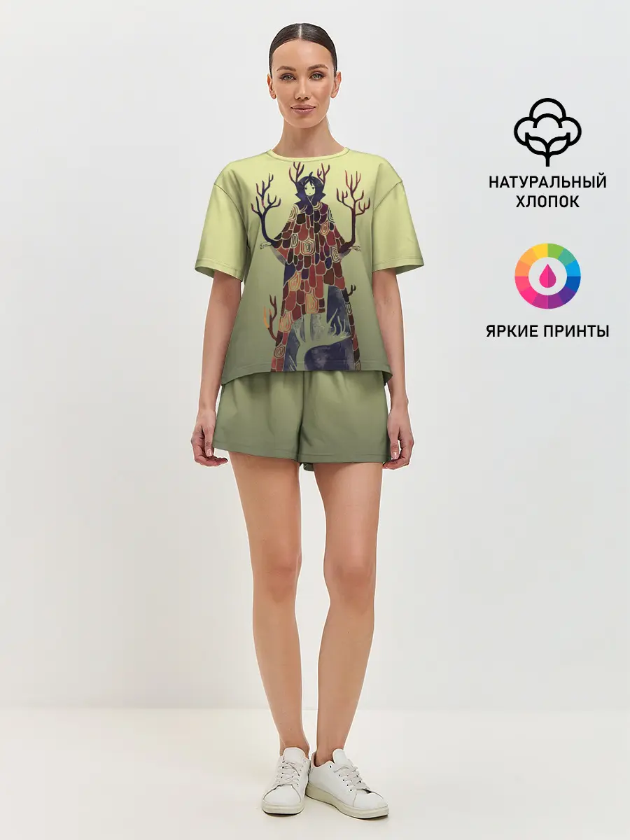 Женская пижама с шортами / лесной волшебник акварель