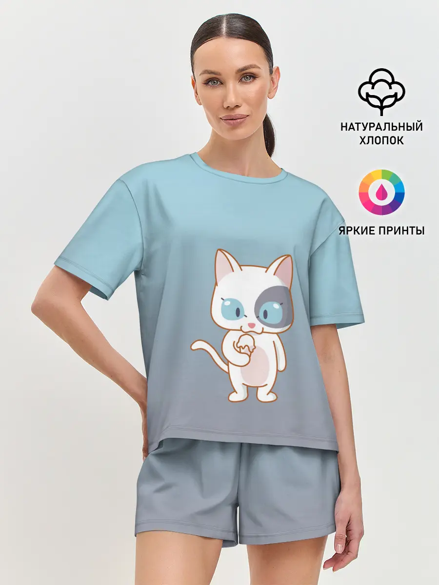 Женская пижама с шортами / кот с мороженкой