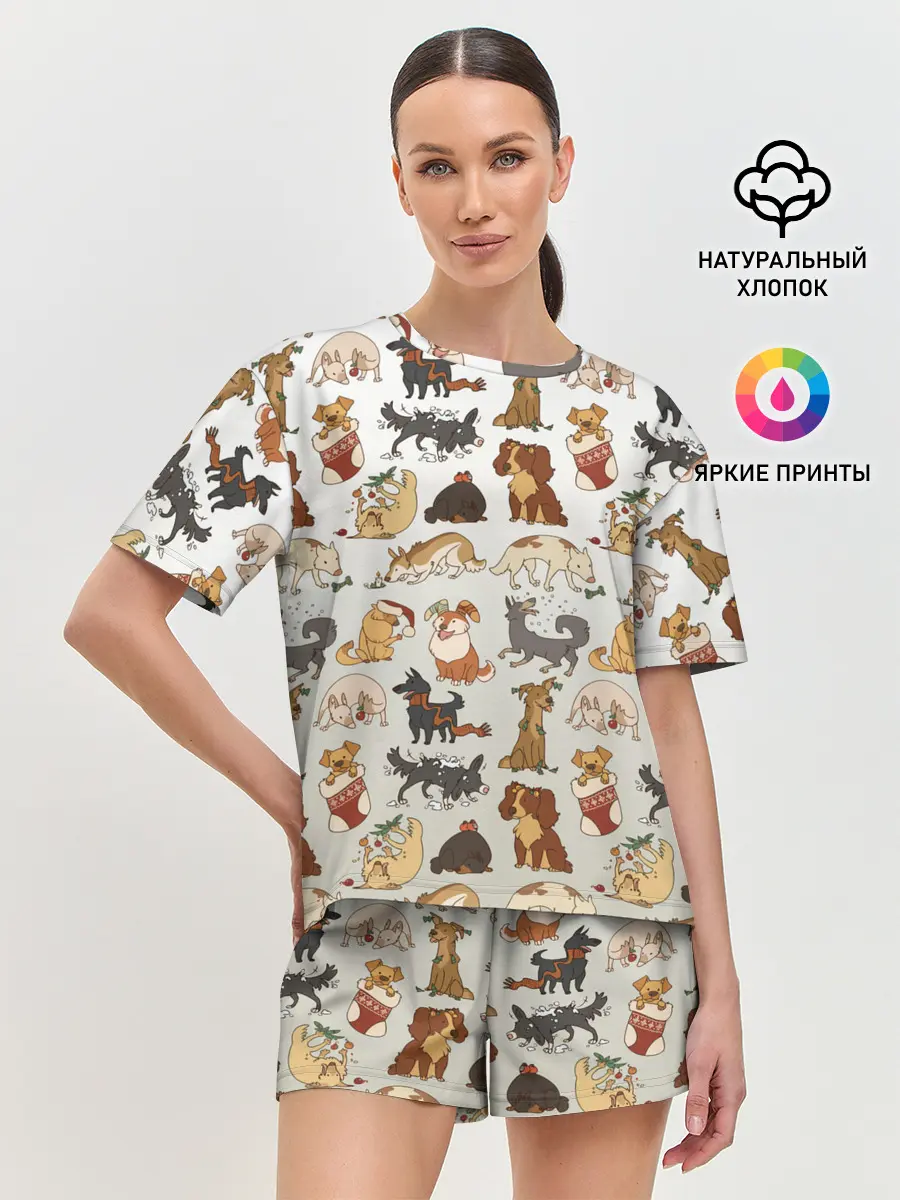 Женская пижама с шортами / узор песики собачки гав