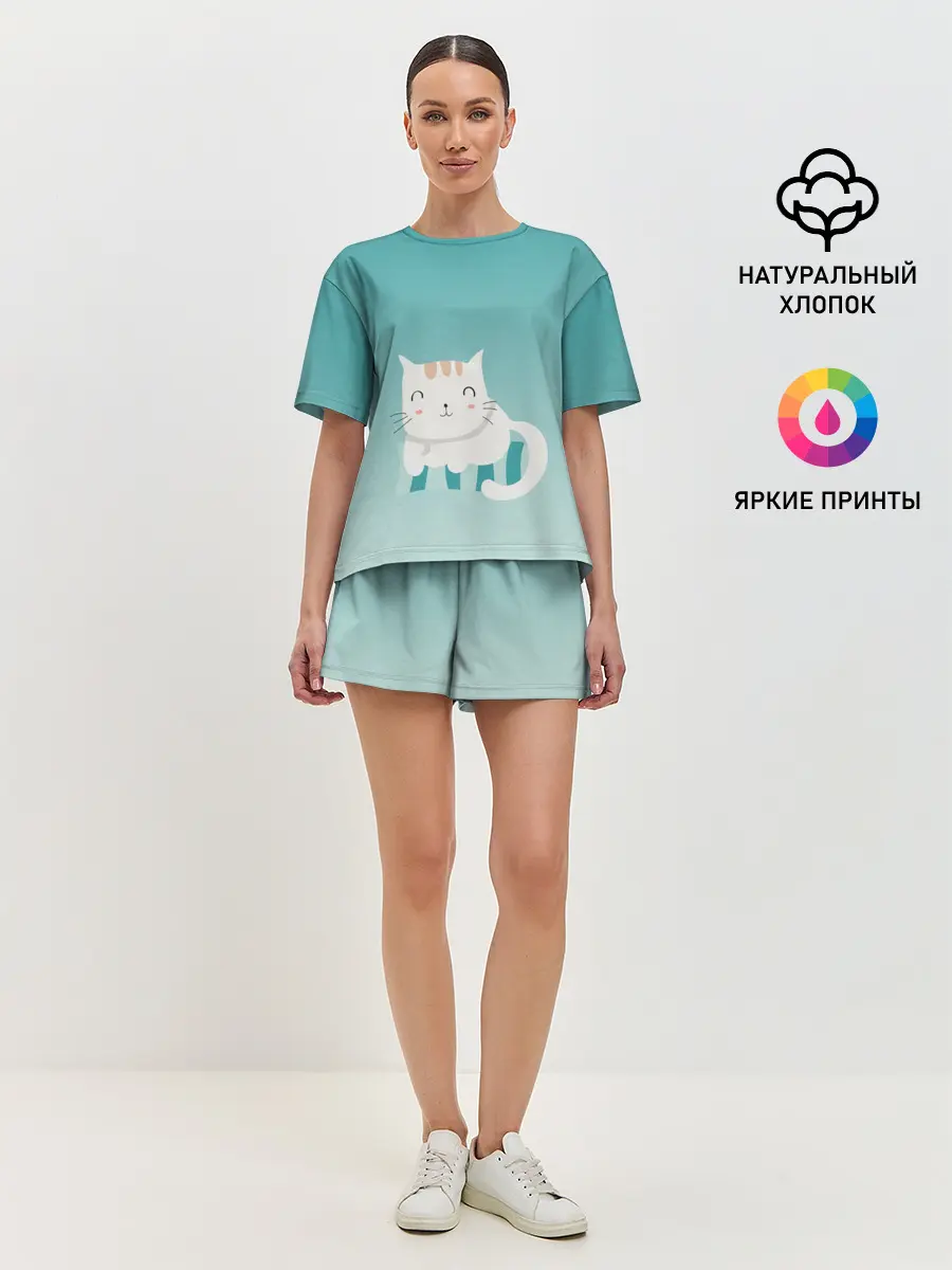 Женская пижама с шортами / котик на подстилке