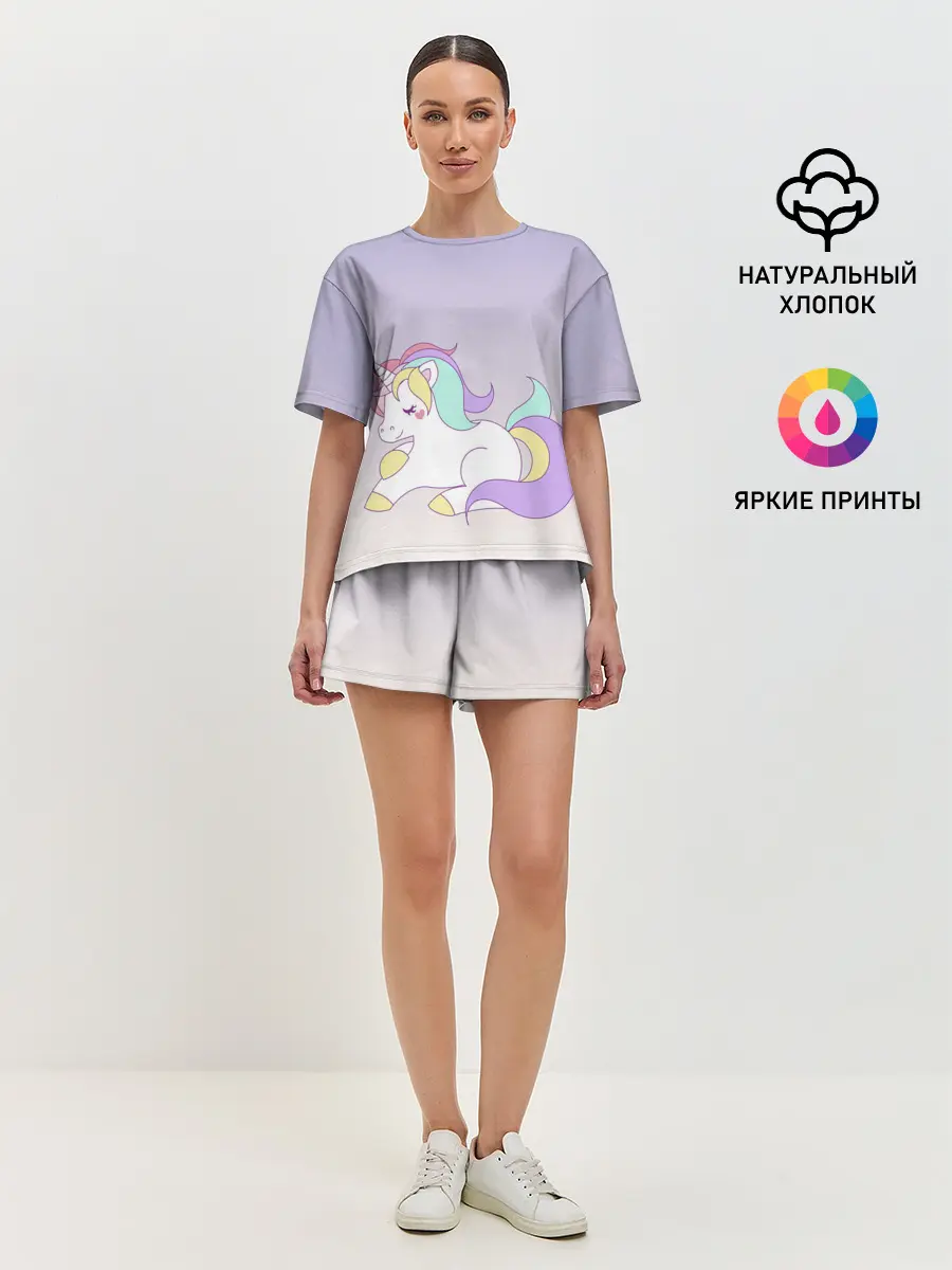 Женская пижама с шортами / единорожек на фиолетовом