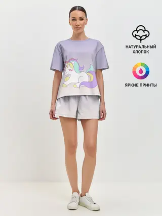 Женская пижама с шортами / единорожек на фиолетовом