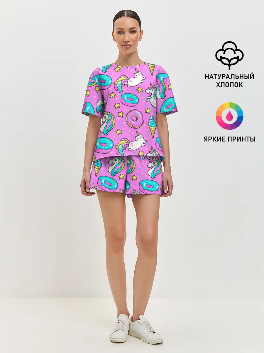 Женская пижама с шортами / Единороги с пончиками