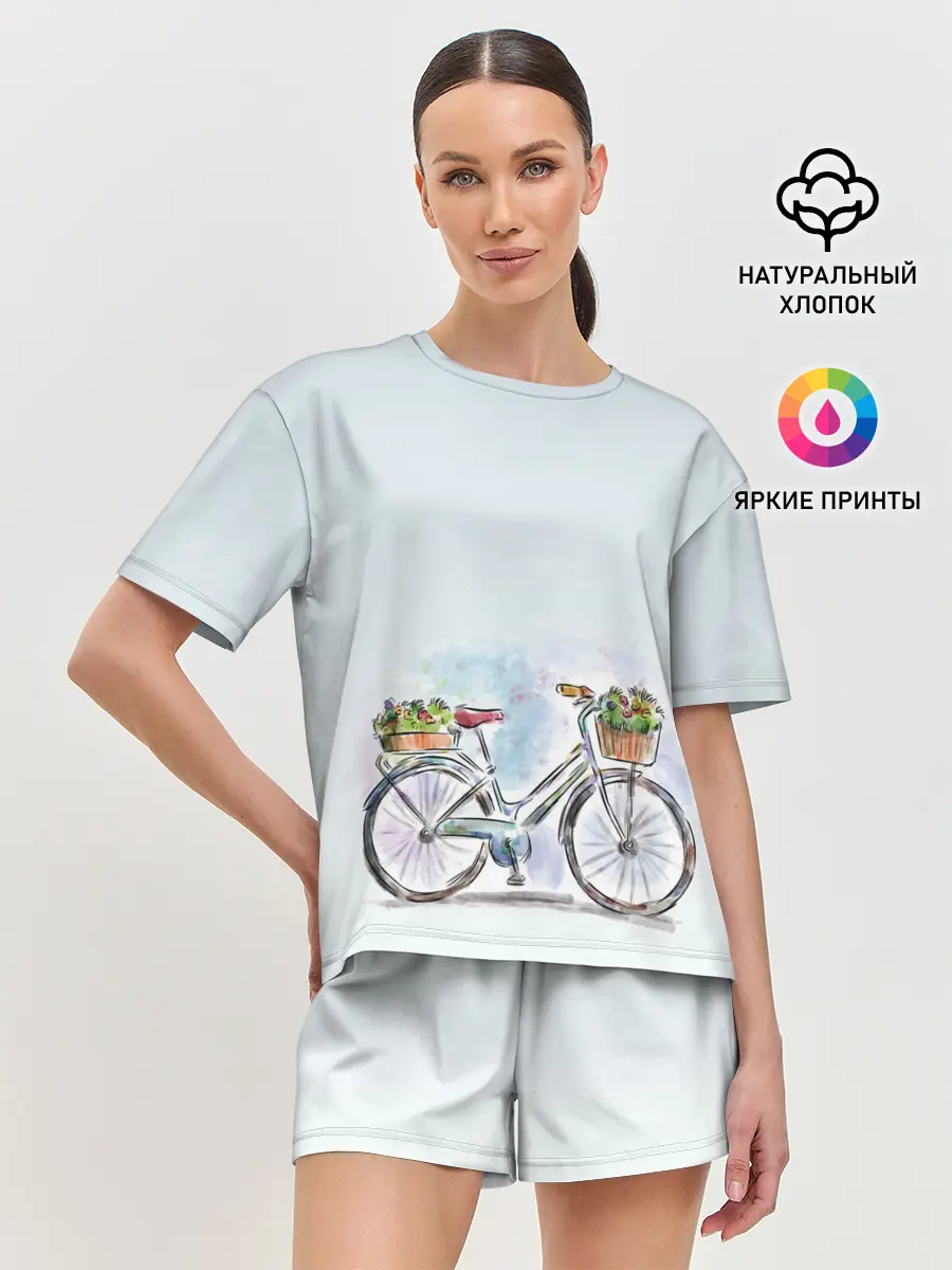 Женская пижама с шортами / акварельный велосипед