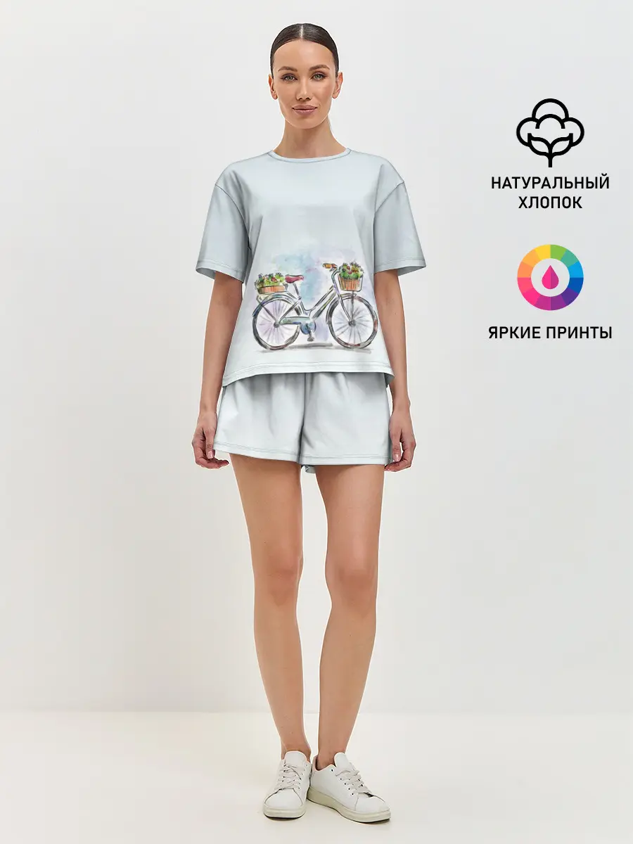 Женская пижама с шортами / акварельный велосипед