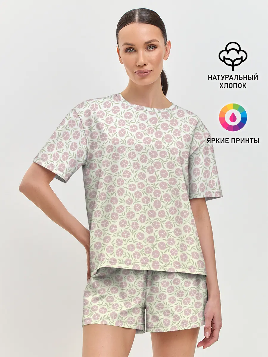 Женская пижама с шортами / узор мелкие цветочки