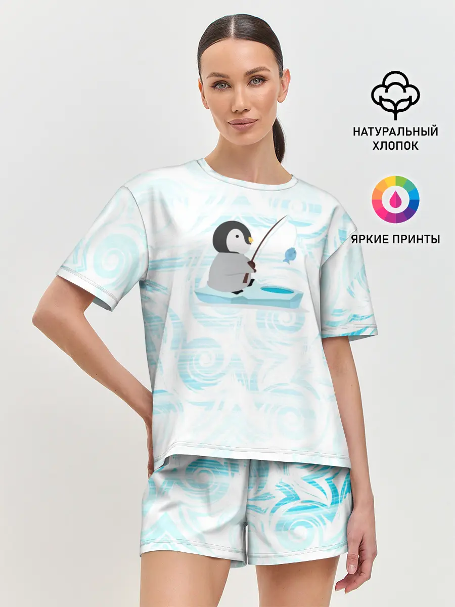 Женская пижама с шортами / Пингвин рыбачит