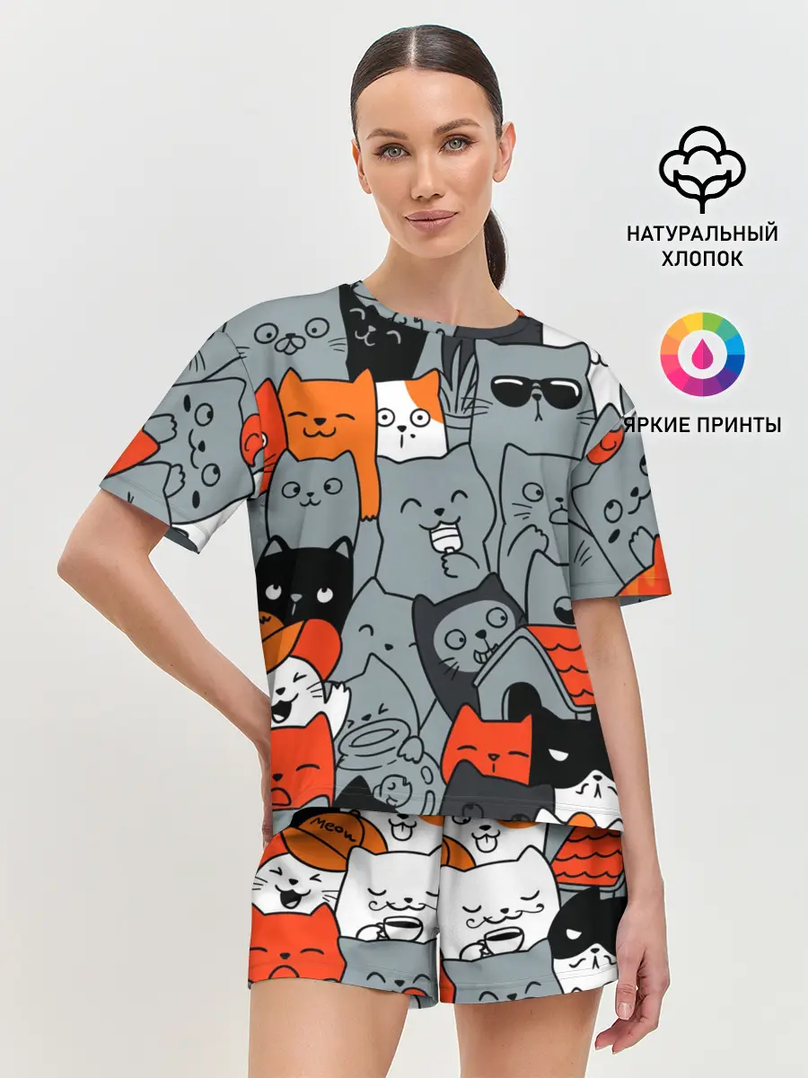 Женская пижама с шортами / Разноцветные коты