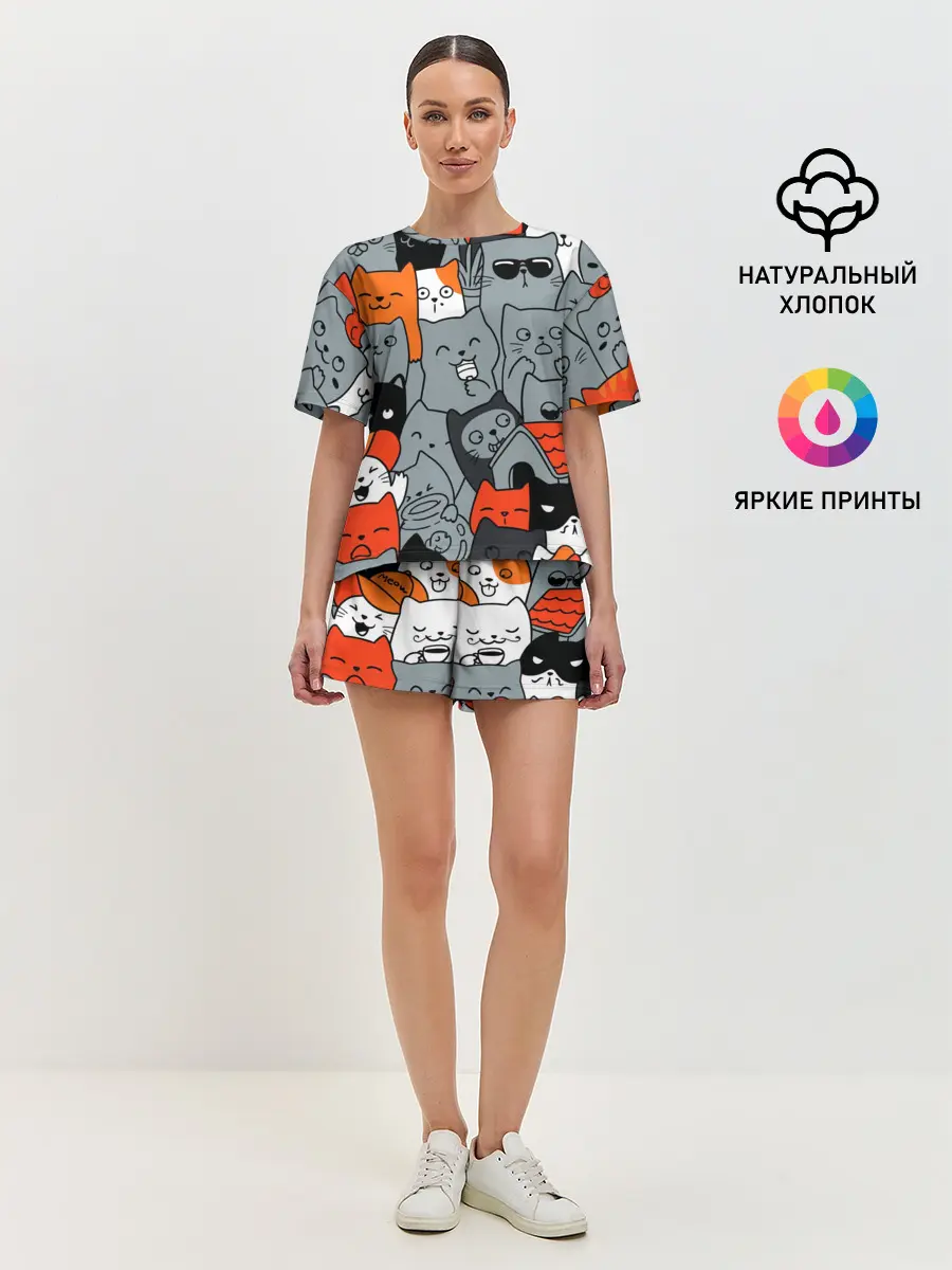 Женская пижама с шортами / Разноцветные коты