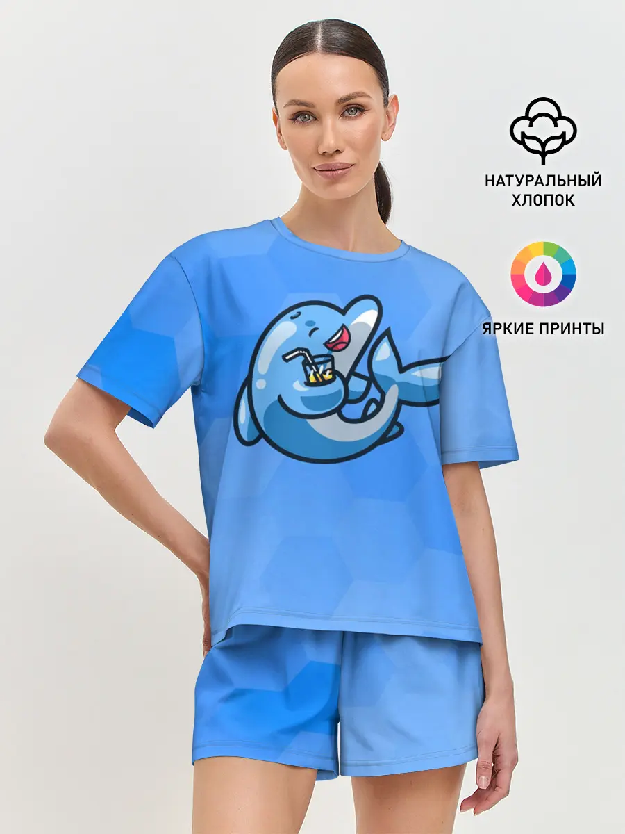 Женская пижама с шортами / Дельфин с коктейлем