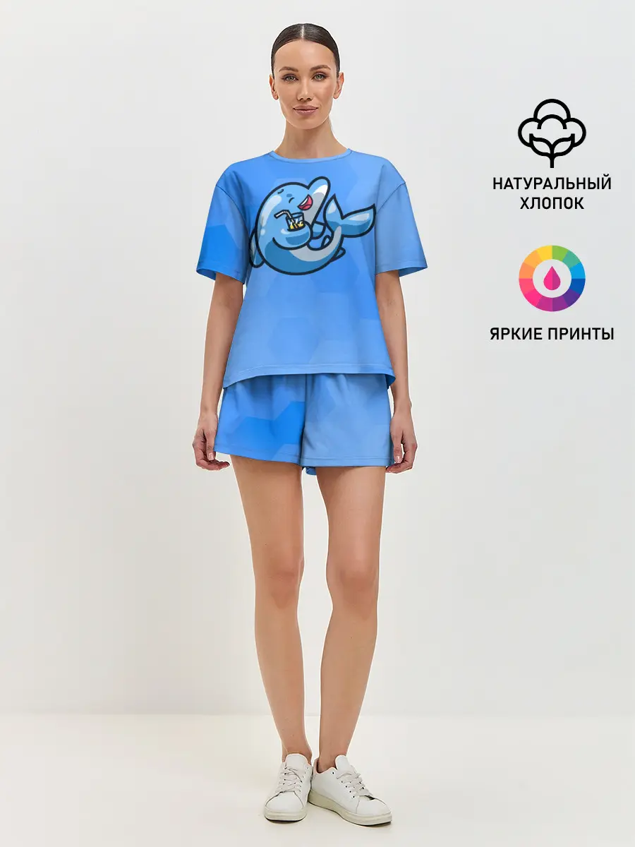 Женская пижама с шортами / Дельфин с коктейлем