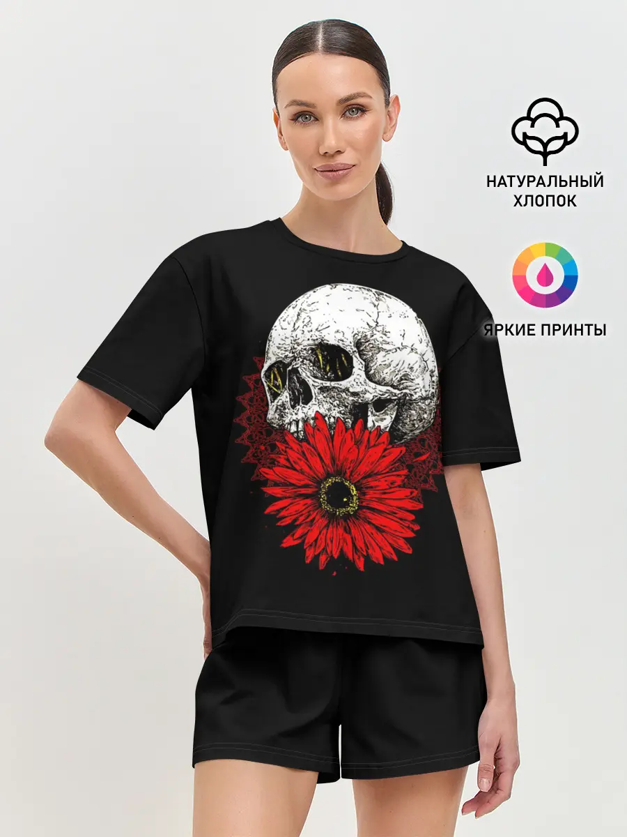 Женская пижама с шортами / Череп и Красный Цветок | Skull