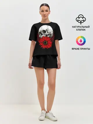 Женская пижама с шортами / Череп и Красный Цветок | Skull