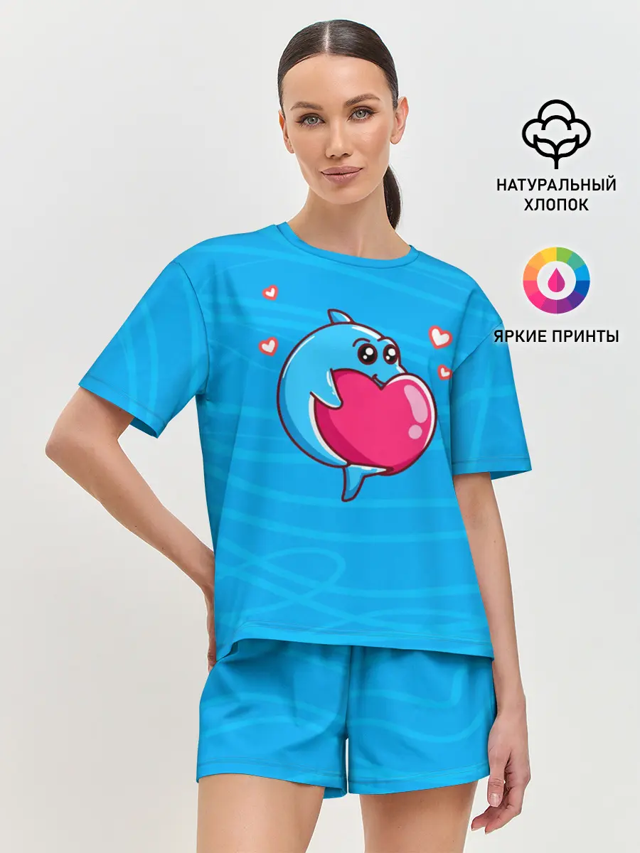 Женская пижама с шортами / Дельфин с сердечком