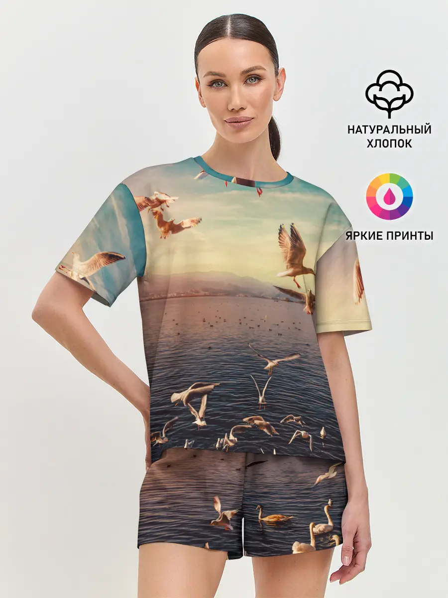 Женская пижама с шортами / Чайки на воде