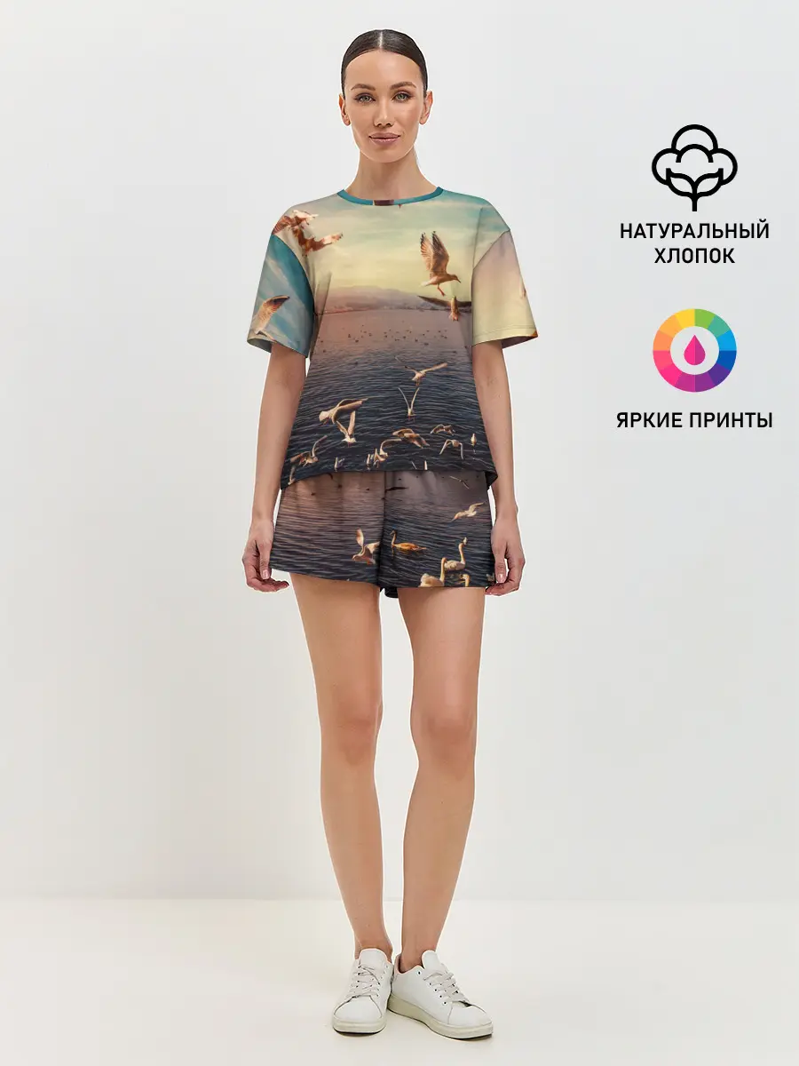 Женская пижама с шортами / Чайки на воде