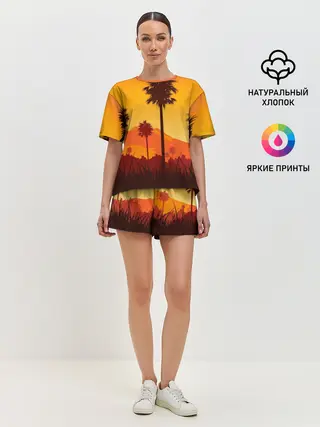 Женская пижама с шортами / Лето, Пальмы, вечер