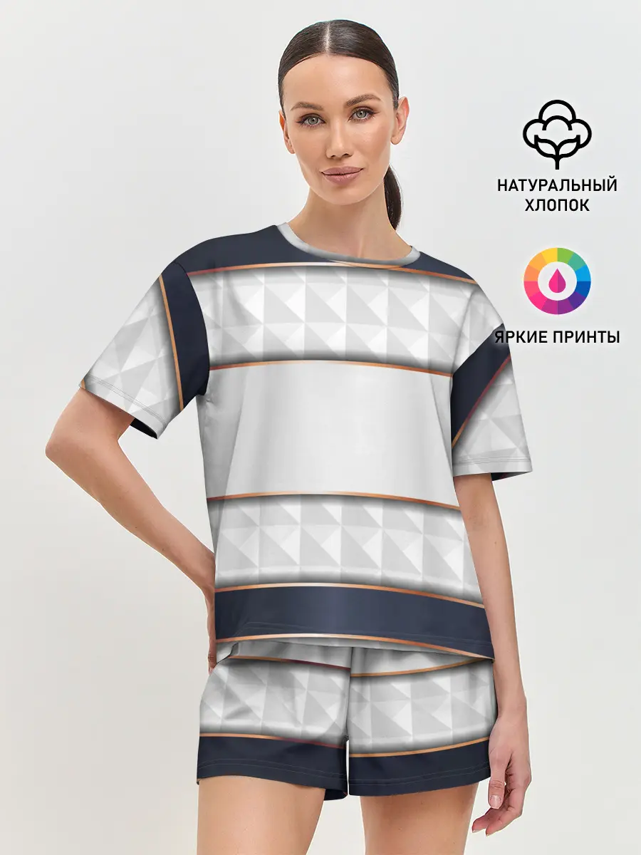 Женская пижама с шортами / White 3d lines