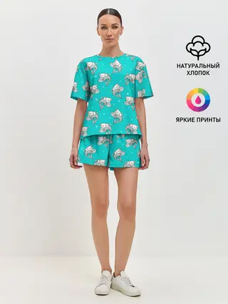 Женская пижама с шортами / Котики и рыбки